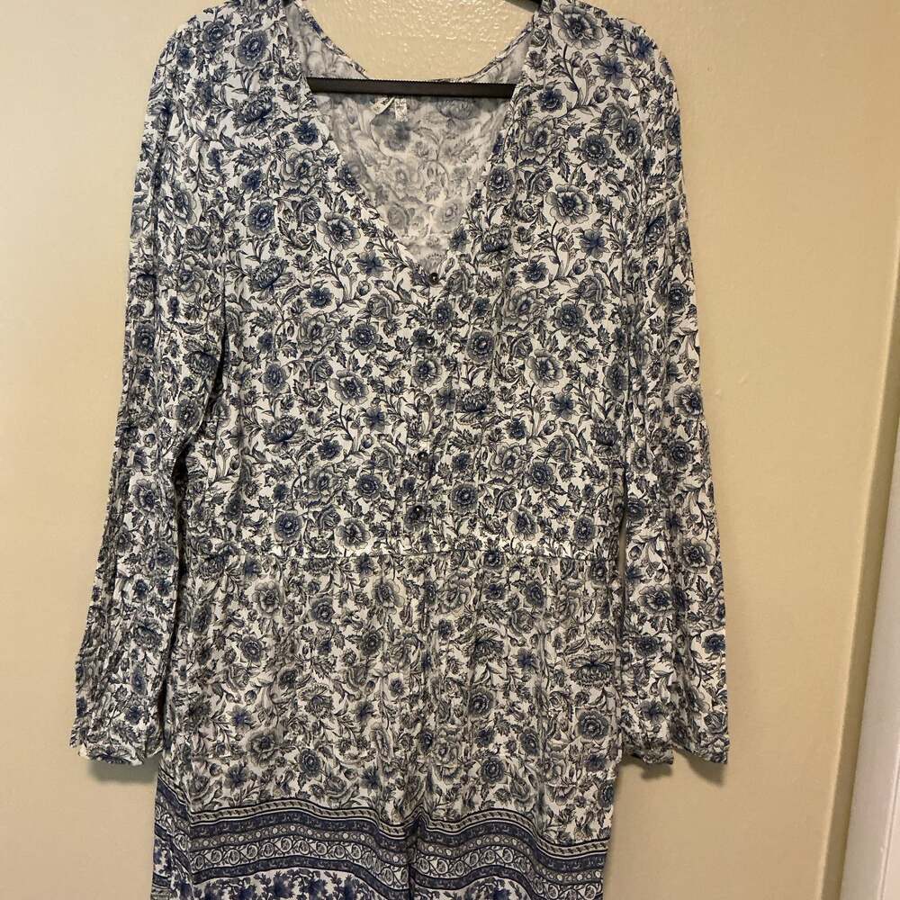 Madewell Floral Long Sleeve Button-Down Mini Dress Blue White Size XL